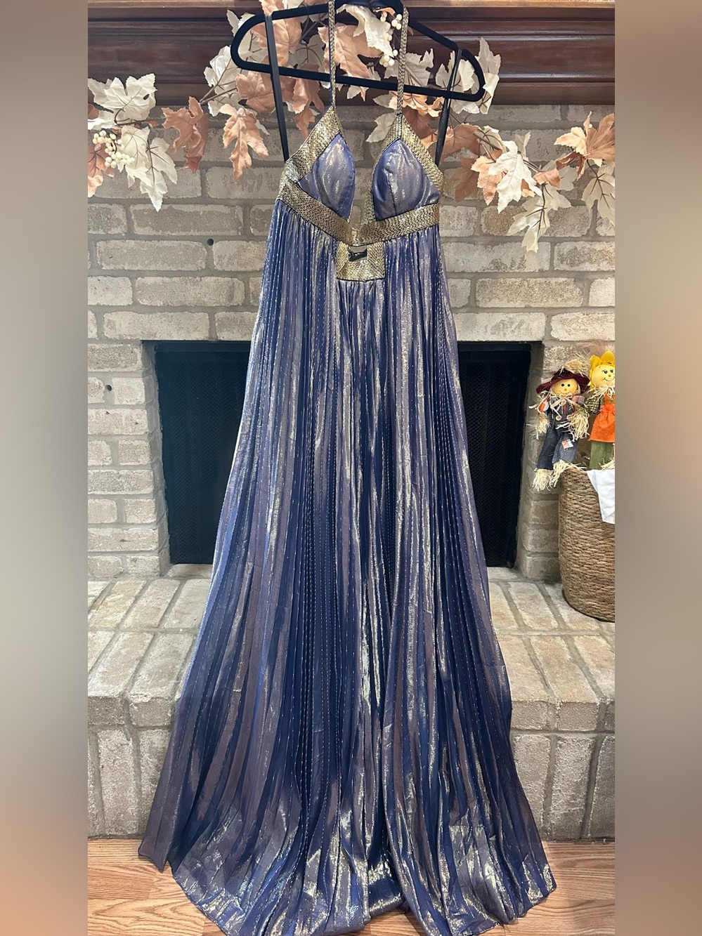Jovani Metallic Navy and Gold Pleated Maxi Skirt EUC